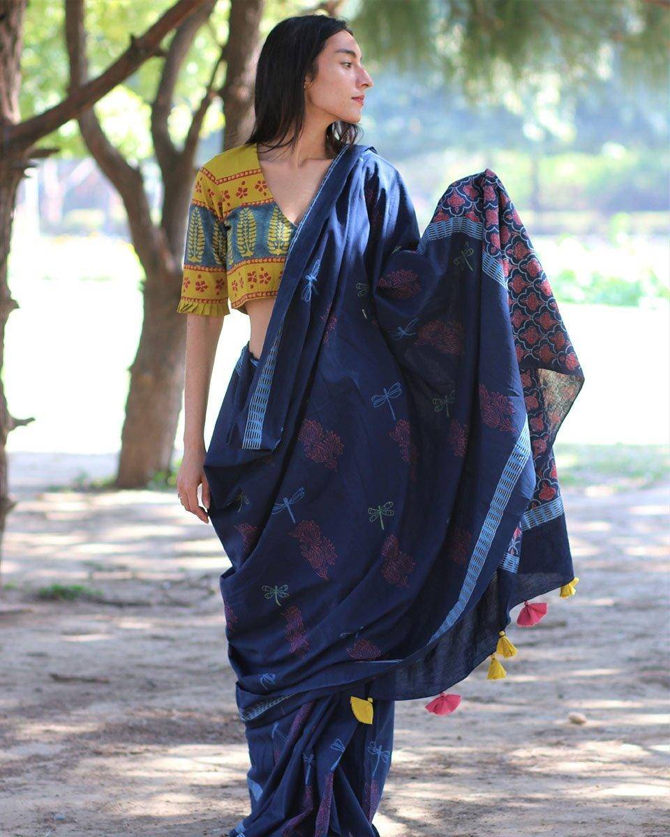 Dragonfly Dream Hand Blockprinted Cotton Saree