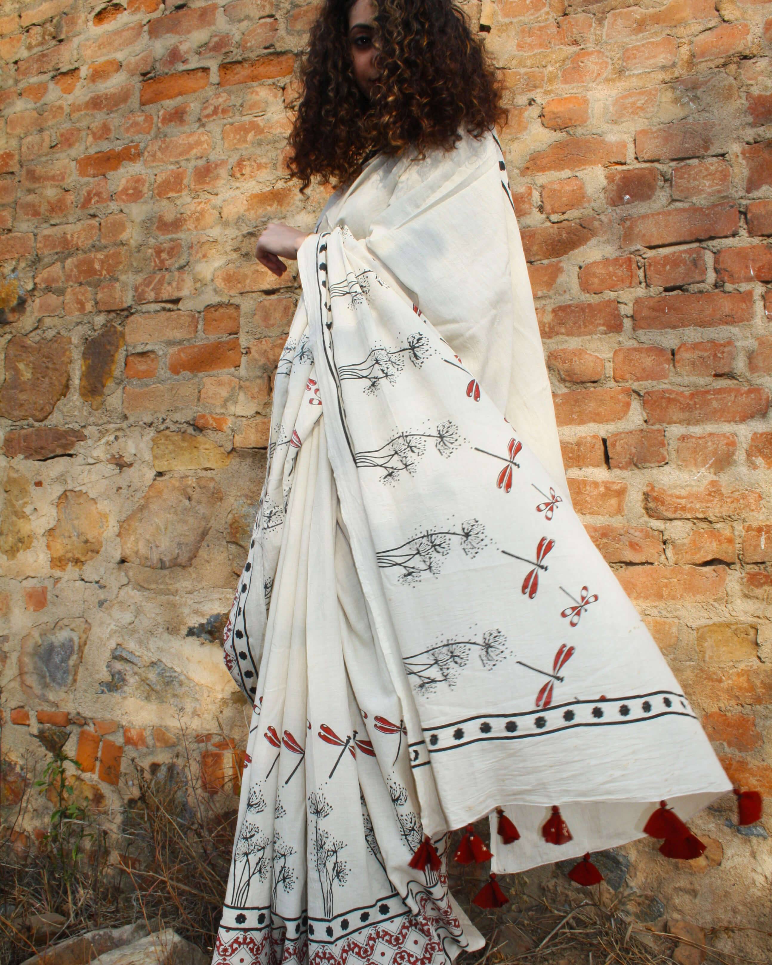 Dragonfly Garden Handblockprinted Cotton Saree