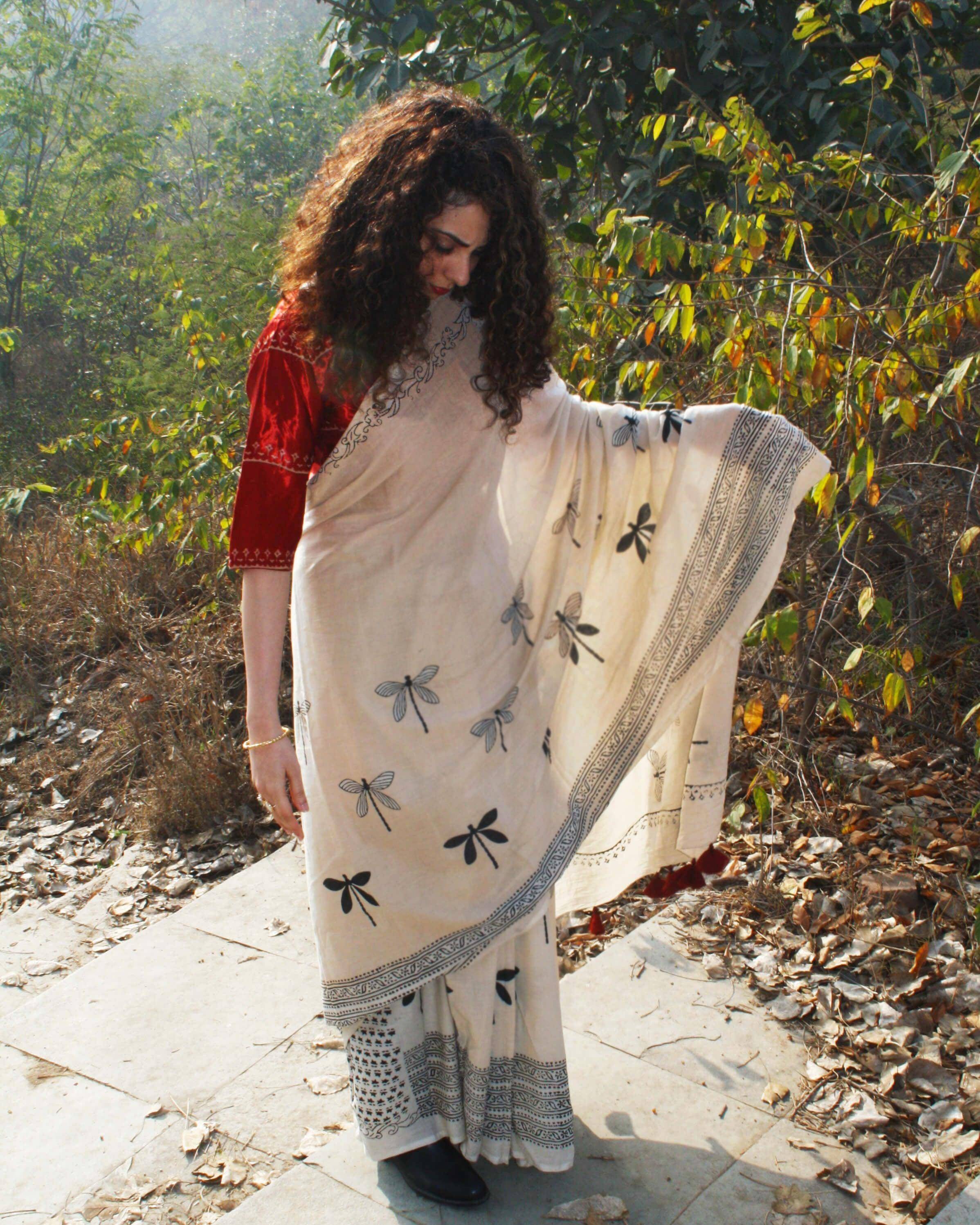 Dragonfly Dawn Handblockprinted Cotton Saree