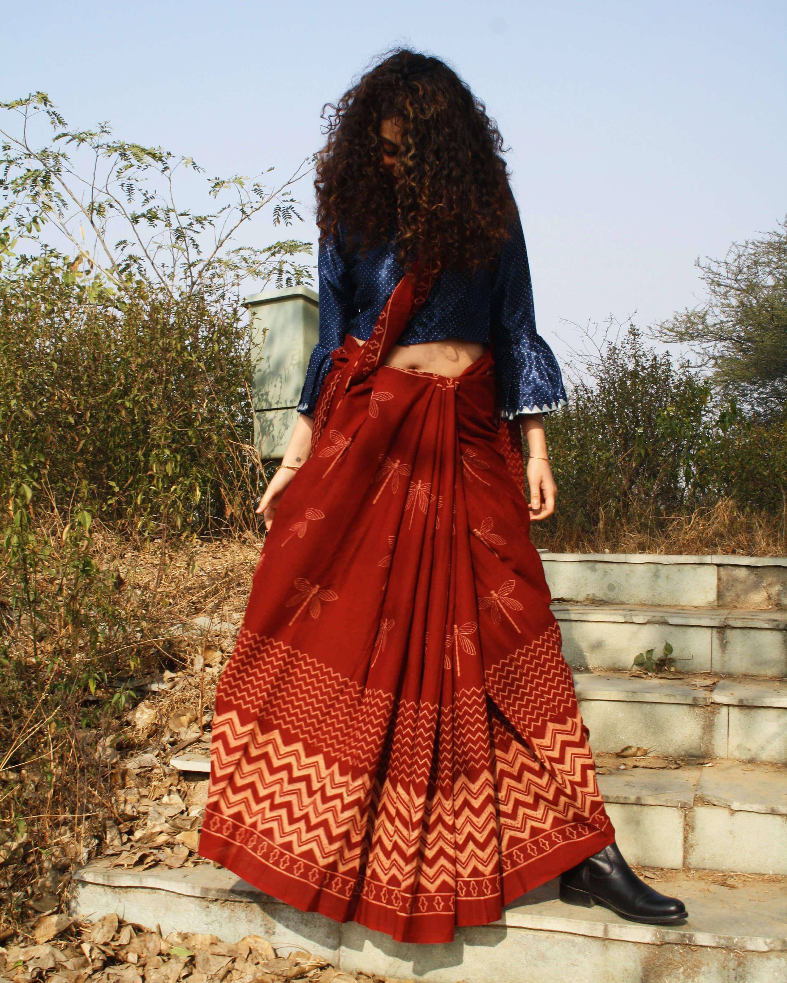 Dragonfly Charm Handblockprinted Cotton Saree