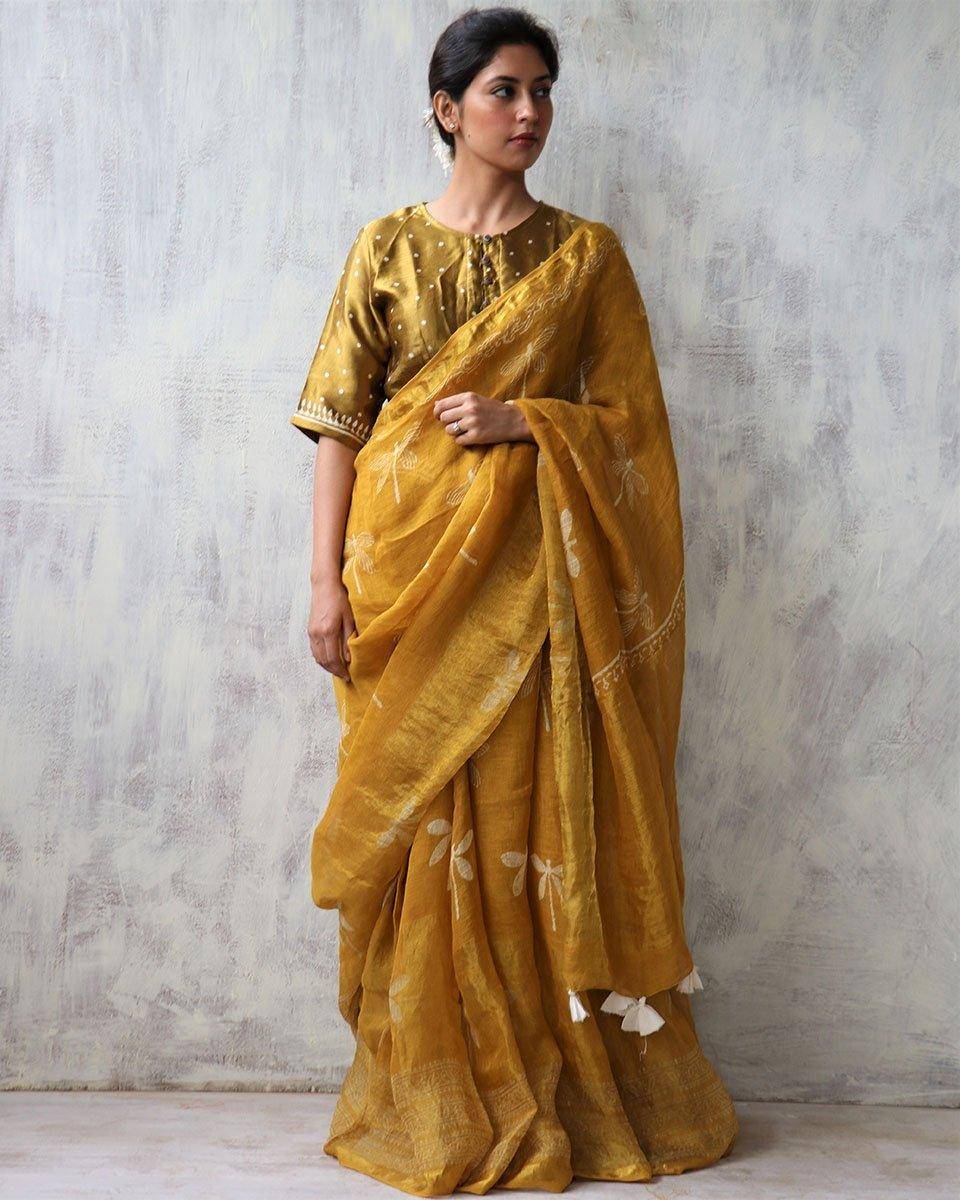 Yellow Blockprinted Handwoven Linen Zari Saree - Anant