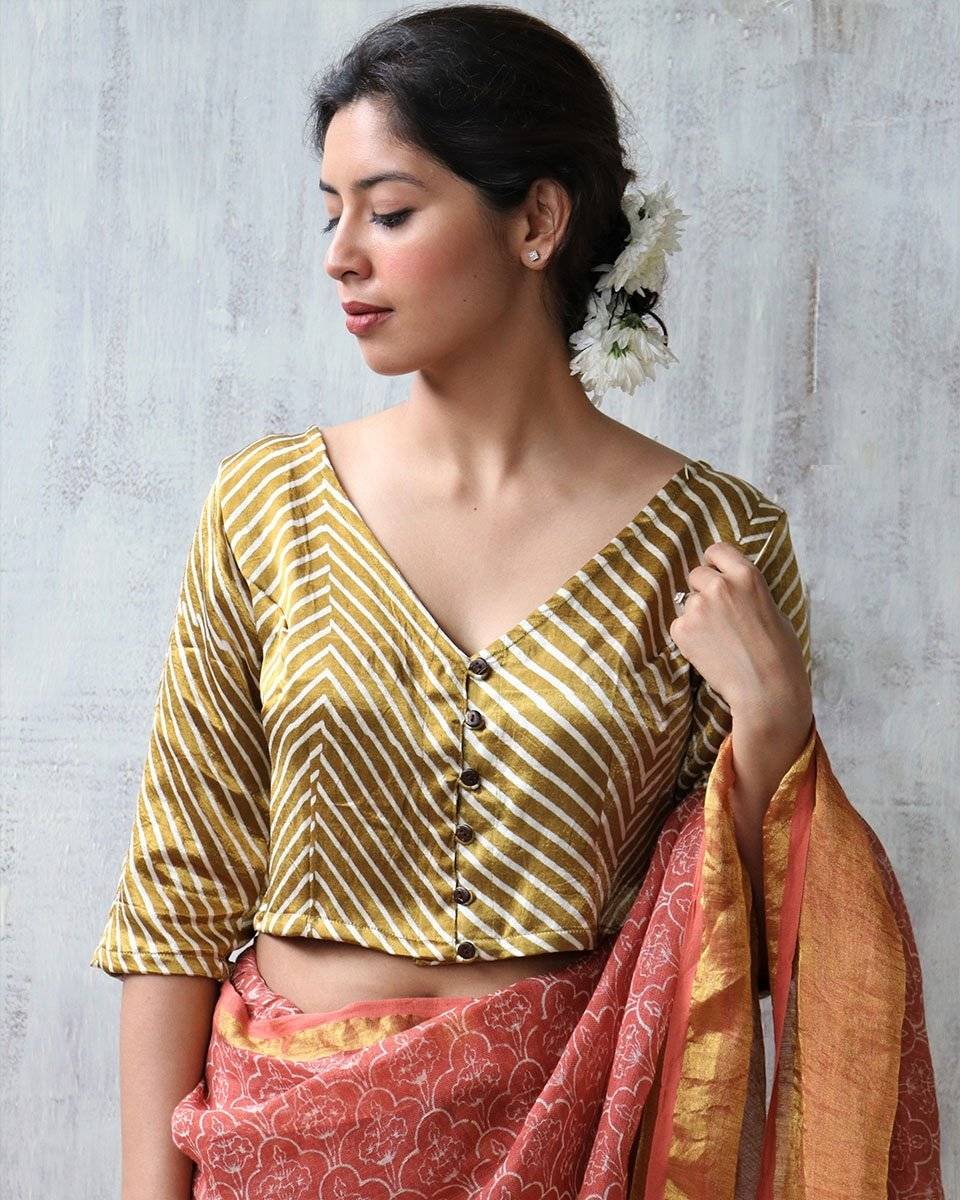 Gold Blockprint Mashru Silk Blouse - Anant