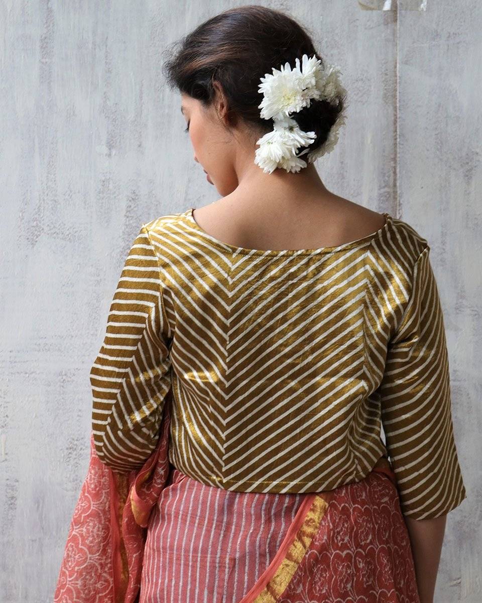 Gold Blockprint Mashru Silk Blouse - Anant