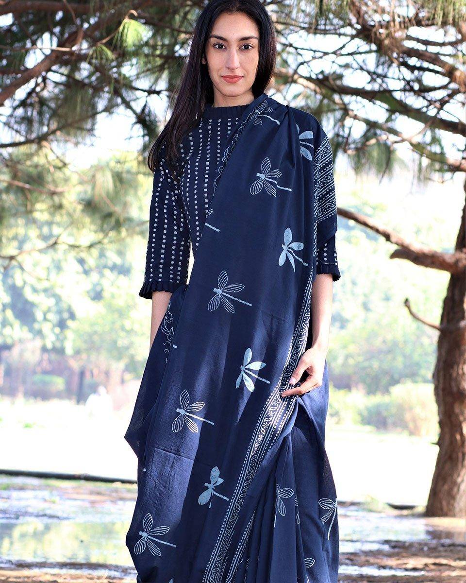 Dragonfly Meadow Blue Hand Blockprinted Cotton Saree