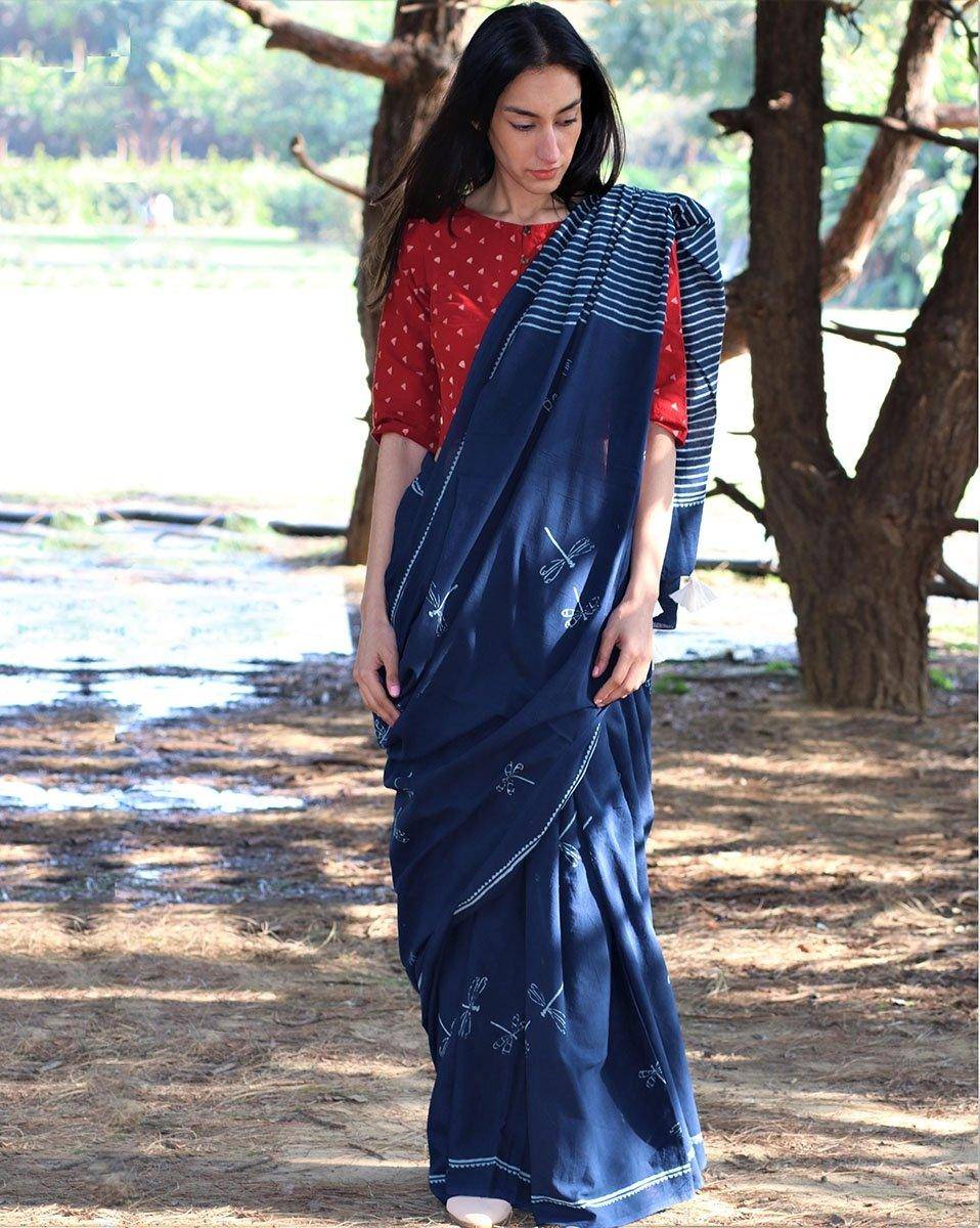 Dragonfly Flight Hand Blockprinted Cotton Saree