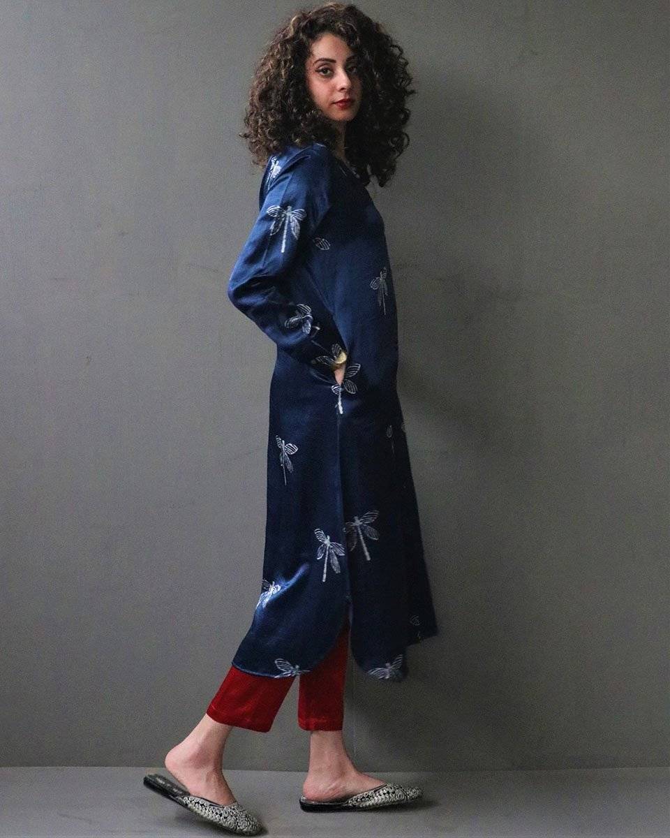 Bhamerii Handprinted Mashru Silk Kurta Set