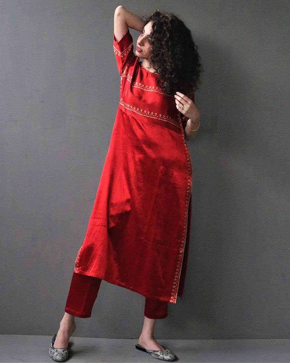 Rubahii Handprinted Mashru Silk Kurta Set