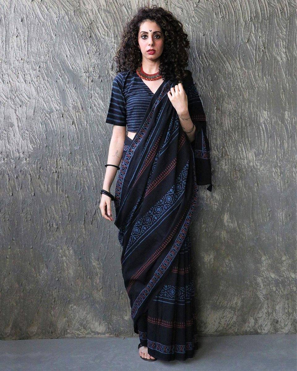 Zoya Handblockprinted Cotton Saree - Kohl