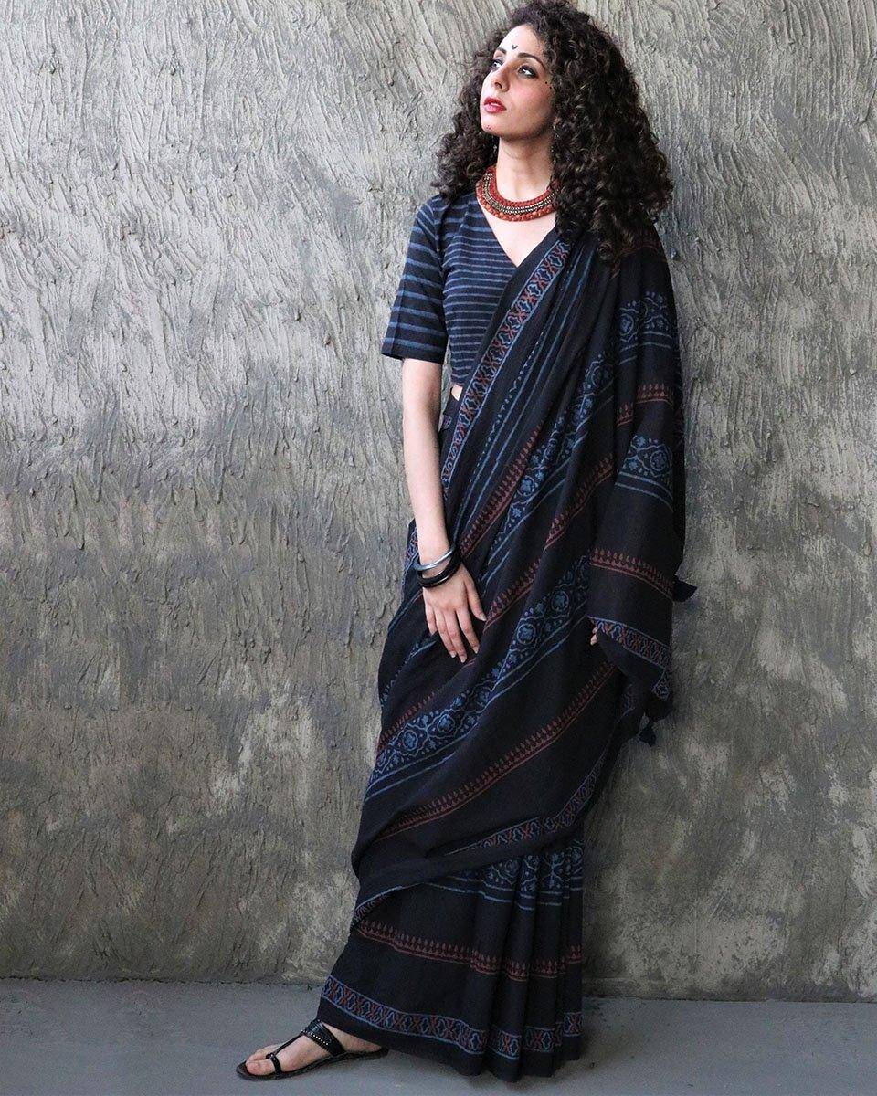 Zoya Handblockprinted Cotton Saree - Kohl