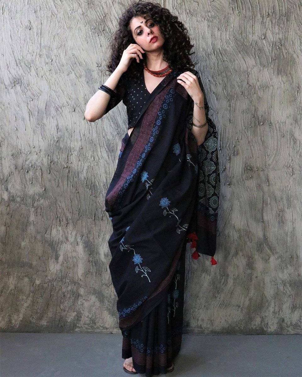 Oriana  Handblockprinted Cotton Saree - Kohl