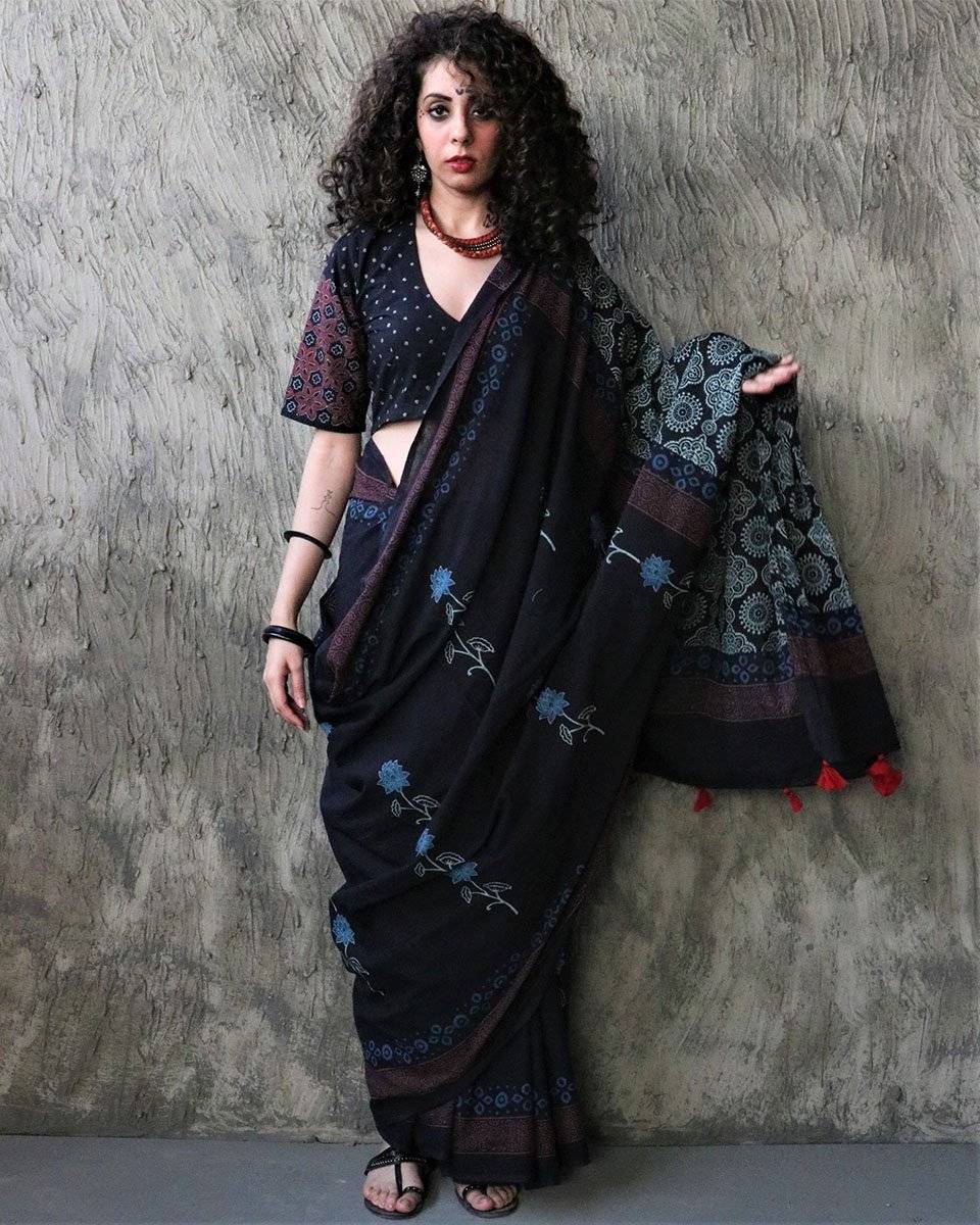 Oriana  Handblockprinted Cotton Saree - Kohl