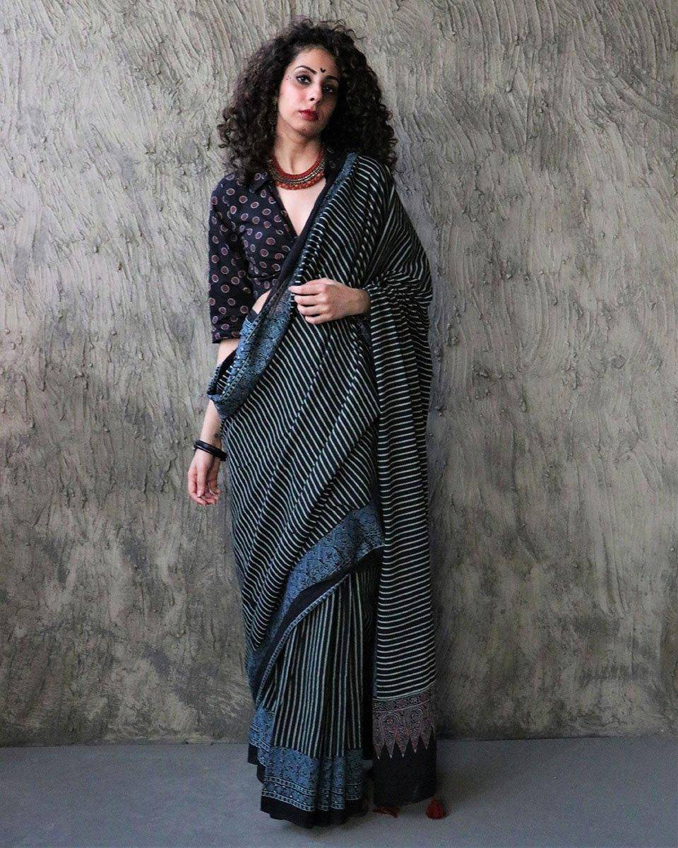 Gazal Handblockprinted Cotton Saree - Kohl