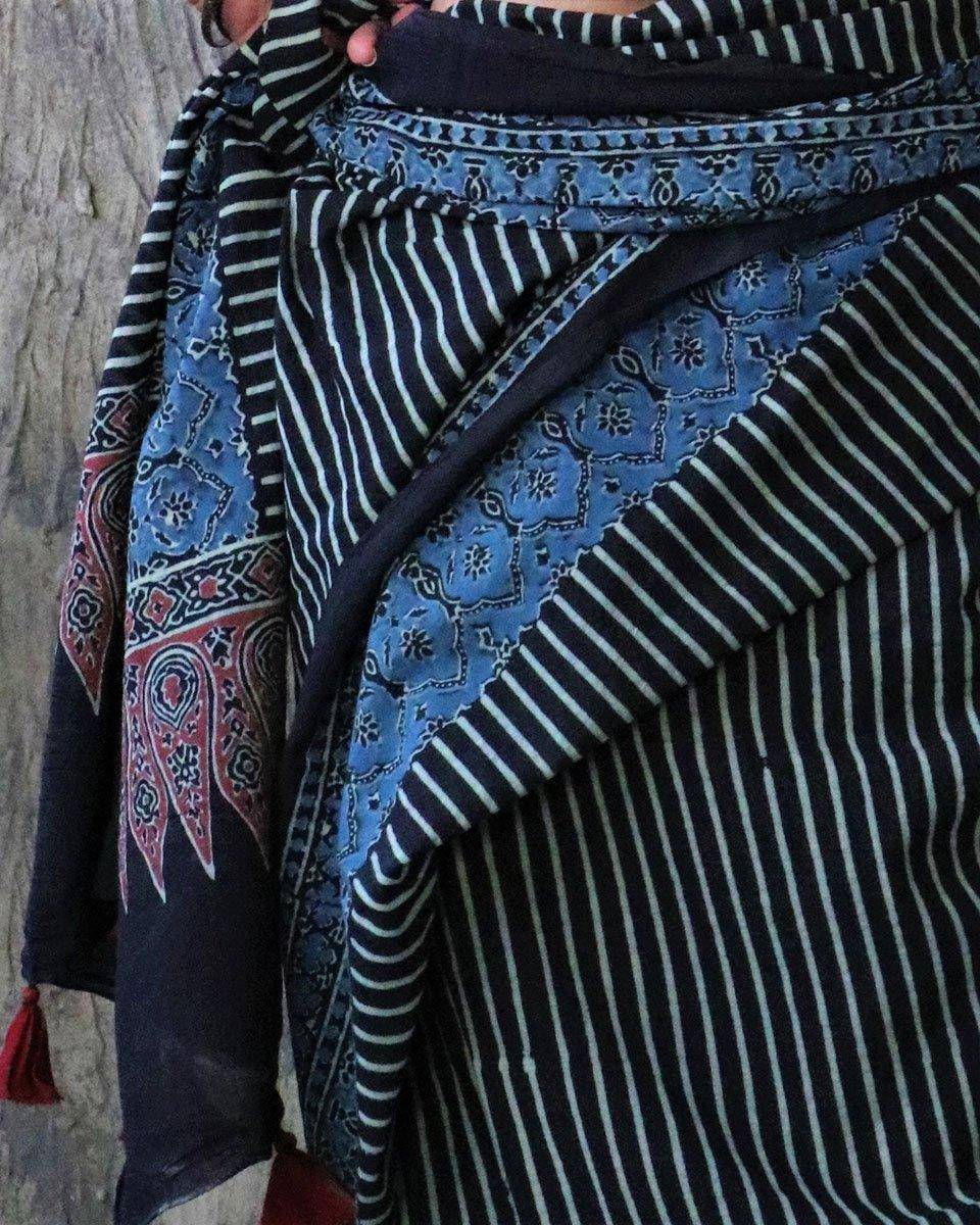 Gazal Handblockprinted Cotton Saree - Kohl