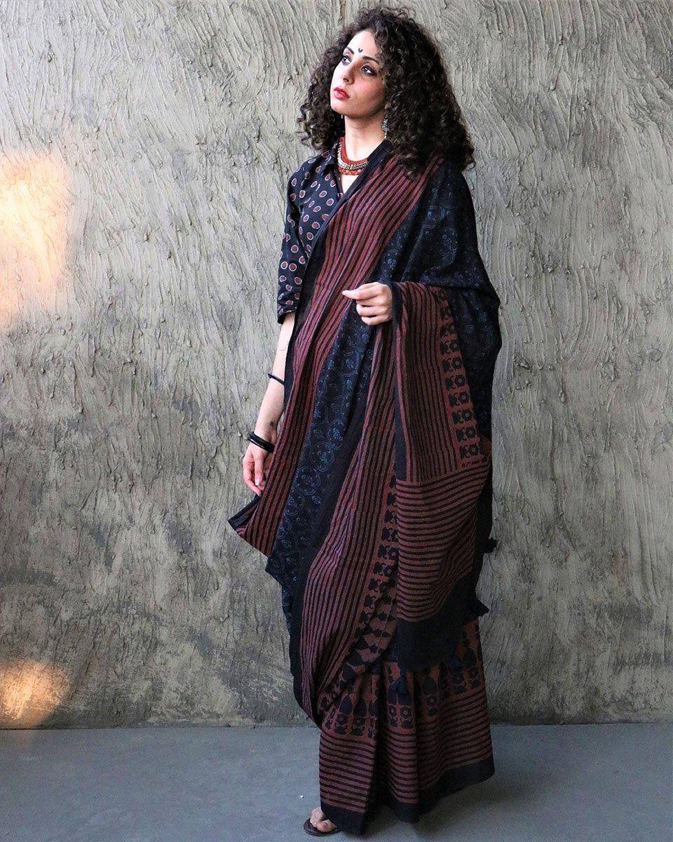Kashton Hand Blockprinted Cotton Saree- Kohl
