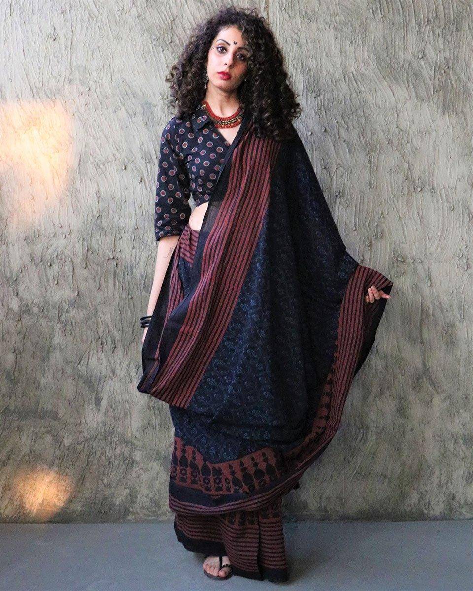 Kashton Hand Blockprinted Cotton Saree- Kohl