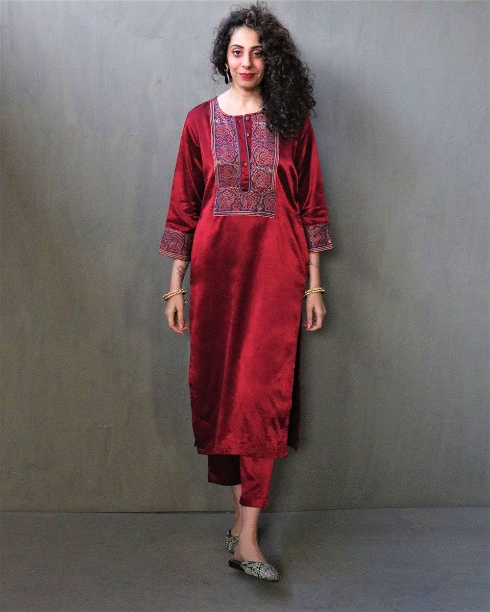 Rubaa Handprinted Mashru Silk Kurta Set