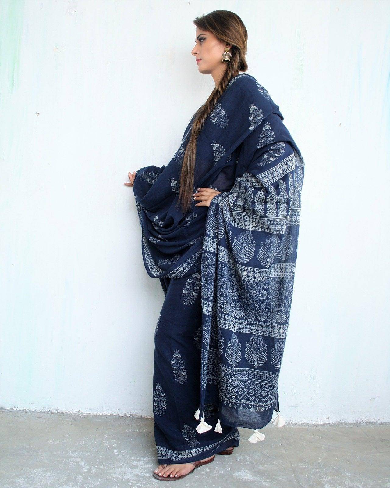 Indigo Bouquet Hand Blockprinted Cotton Saree
