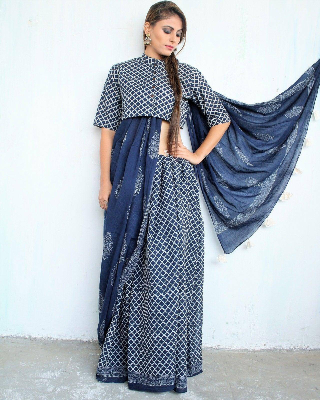 Indigo Horizon Handblockprinted Cotton Saree