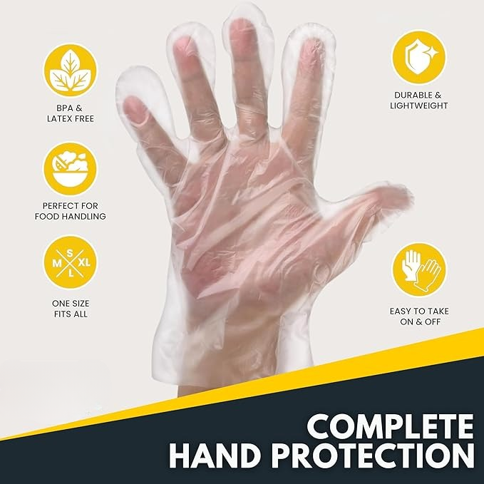 Disposable Plastic Hand Gloves – Transparent, Waterproof, Food Safe – Pack of 100