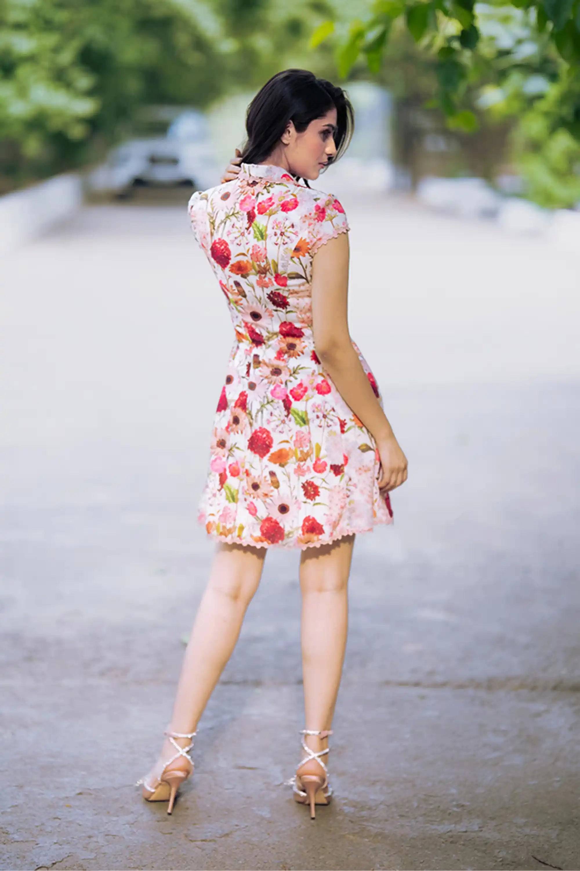 Ivory Rose Print Collared Sleeveless Mini Dress