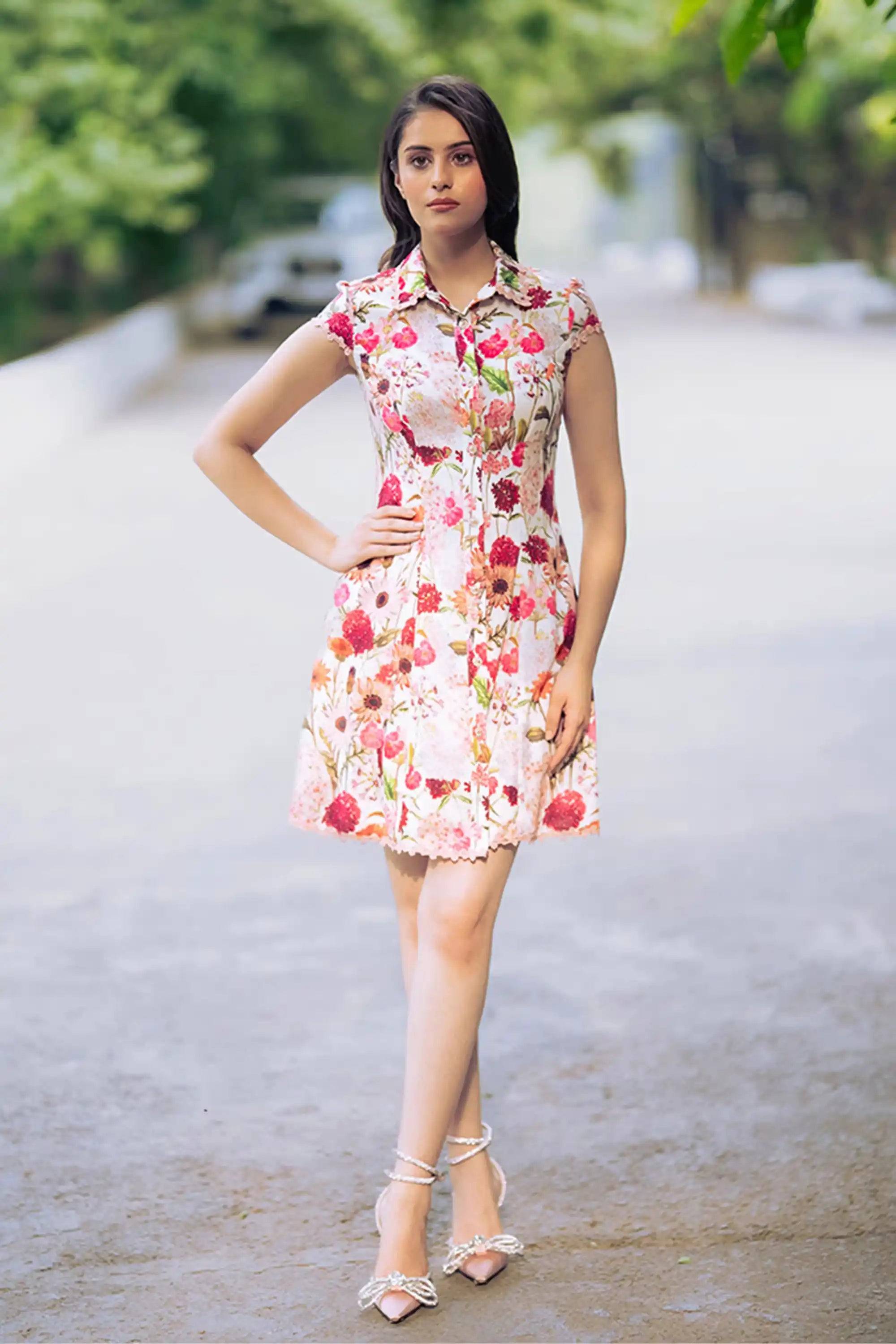Ivory Rose Print Collared Sleeveless Mini Dress