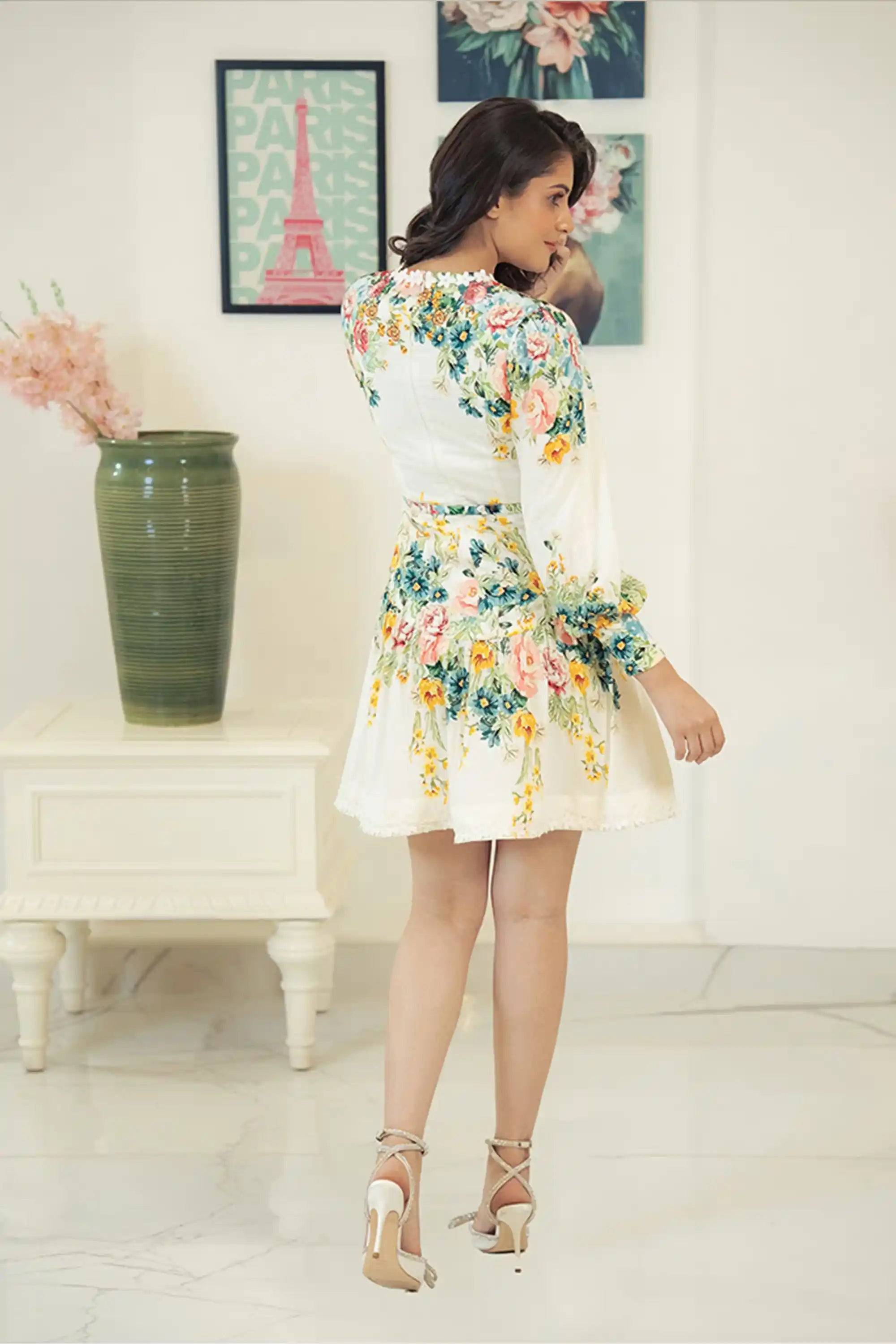 Ivory Floral Ruffle-Neck Puff-Sleeve Mini Dress