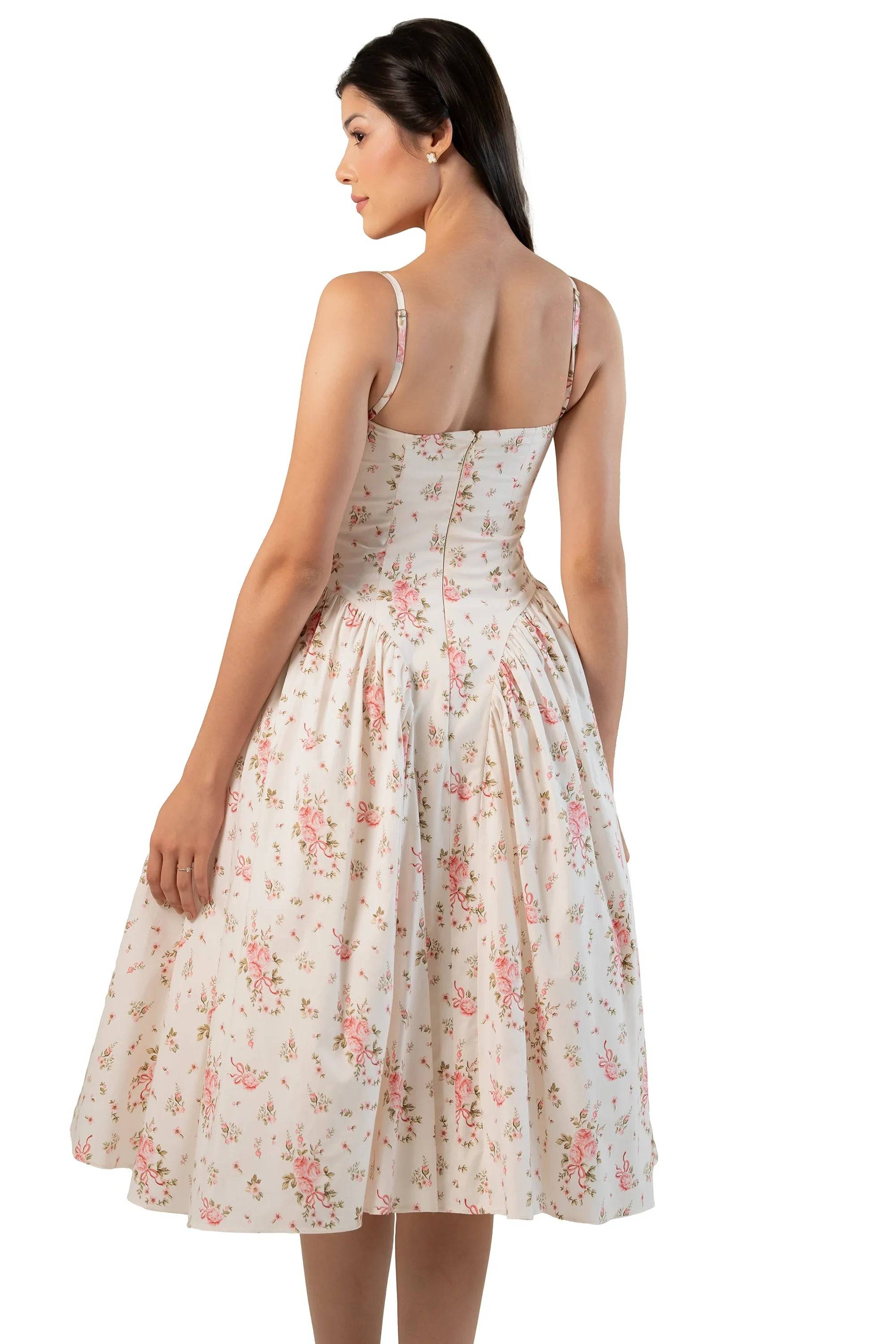 Ivory Floral Bustier Strap Cotton Midi Dress