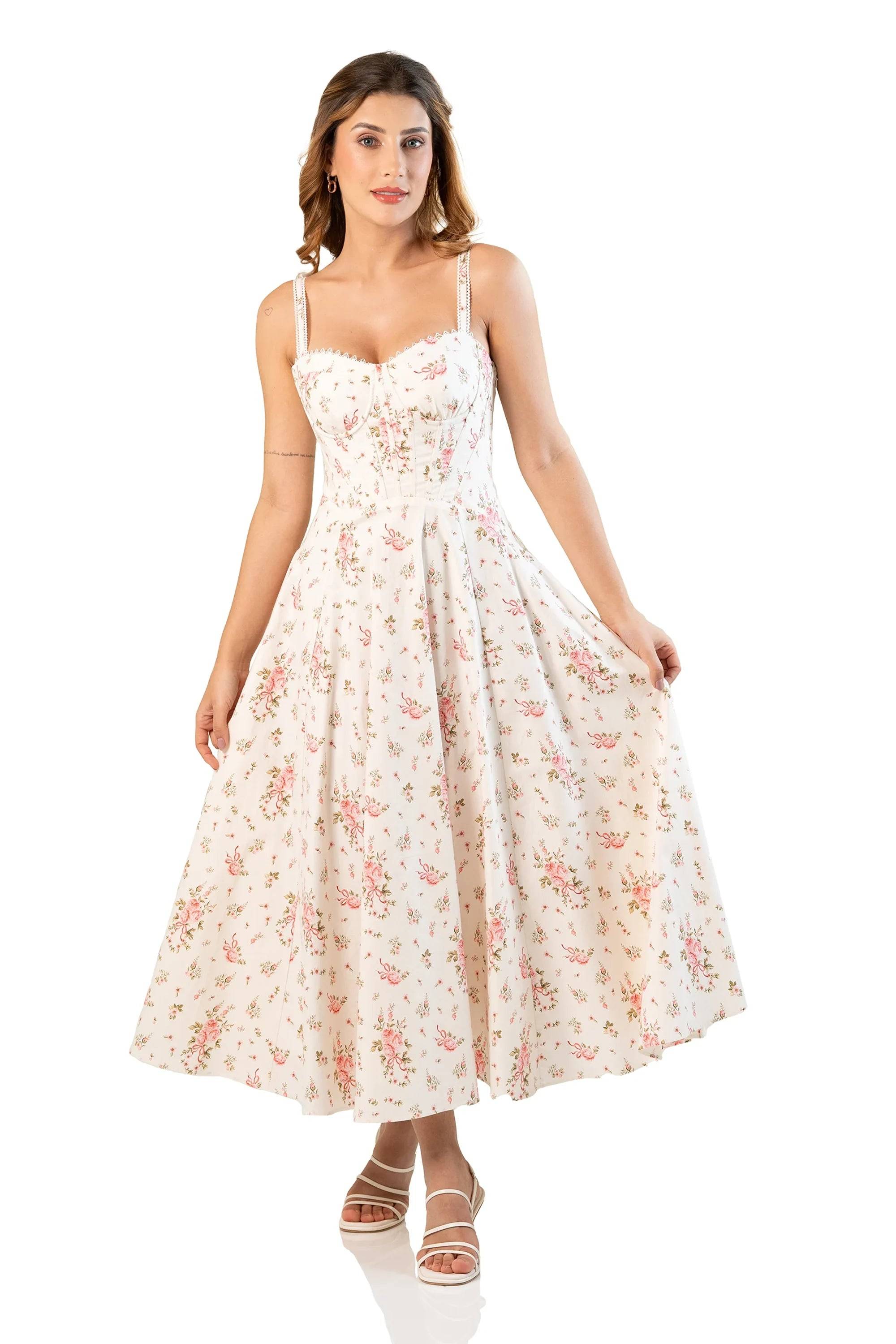 Ivory Floral Bustier Midi Dress