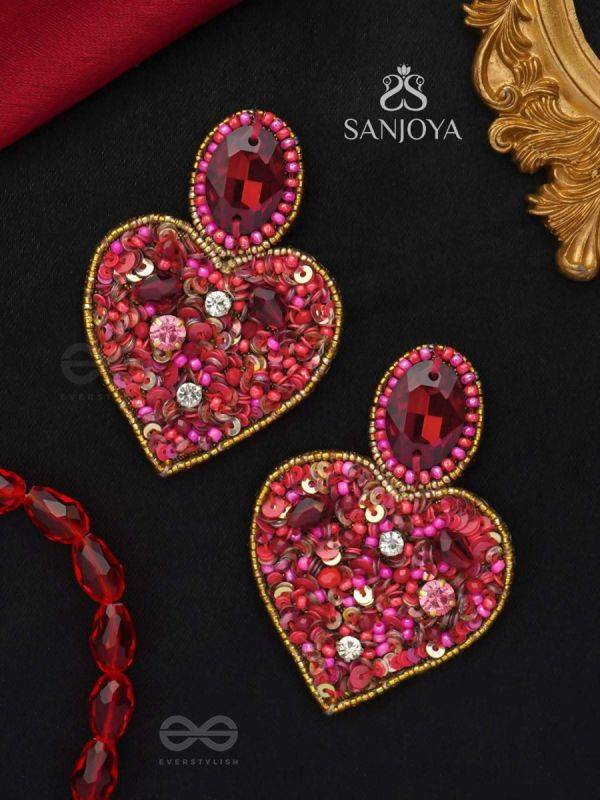 ANTASHTHA- THE HEART- STONES, SEQUINS AND BEADS EMBROIDERED EARRINGS (Crimson)