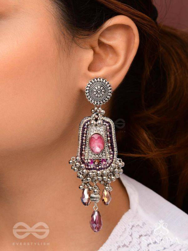 Parmeshthyam - The Fuchsia Royalty - Stone, Beads And Glass Drops Hand Embroidered Oxidised Earrings