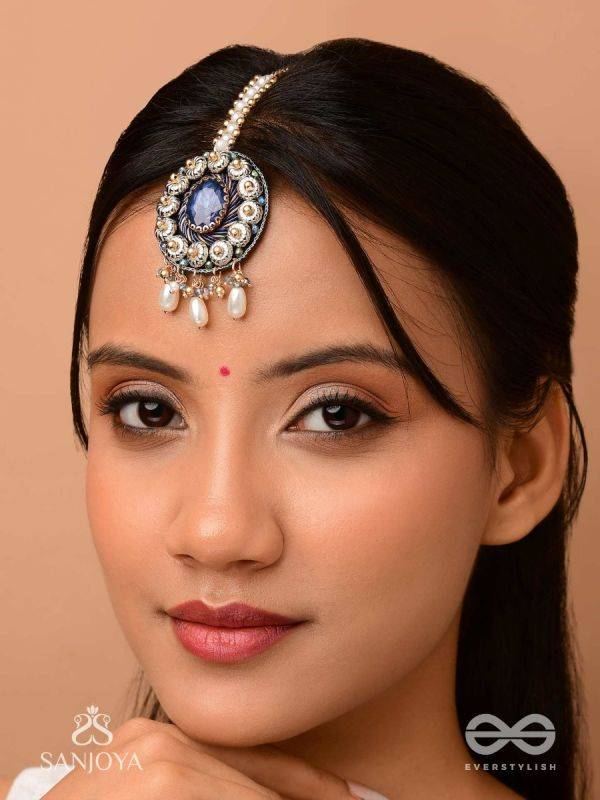 Adhilokam- The Neptune Goddess- Stone, Beads And Pearl Drops Hand Embroidered Maangtika