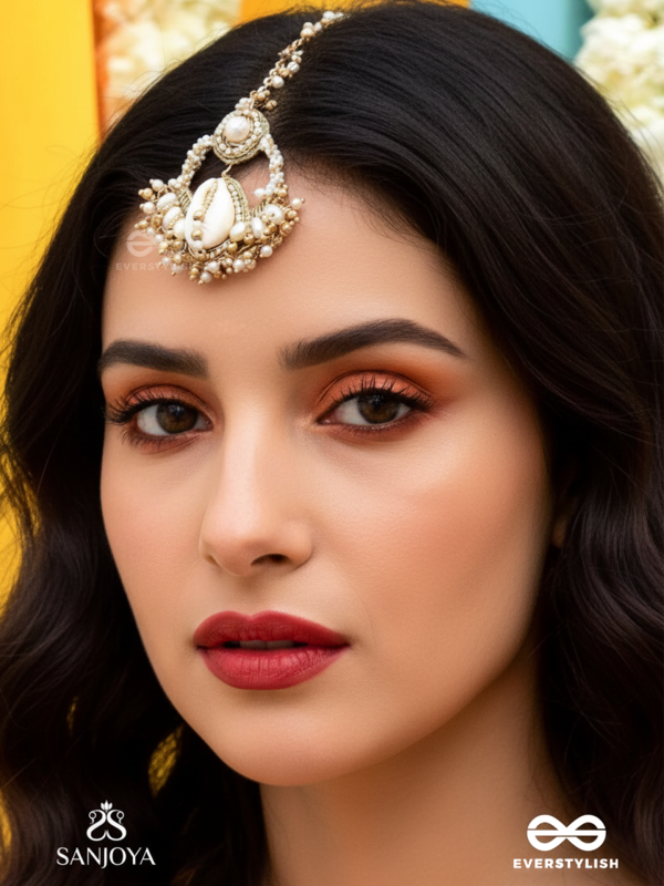 Nairjar - The Divine Blessing- Pearls, Shell And Beads Hand Embroidered Maangtika