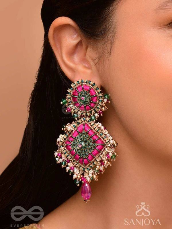 Stavak - The Dahlia Bouquet - Resham, Beads And Glass Drops Hand Embroidered Earrings