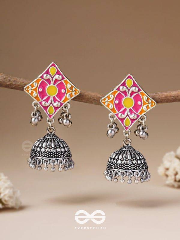 Melodies Of Twilight - Enamelled Oxidised Jhumka Earrings