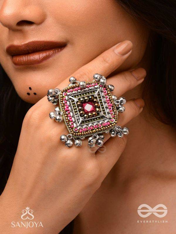 Chaturmukhi-Four-Faced- Oxidized embroidered ring features ghunghroo, beads & mirror.