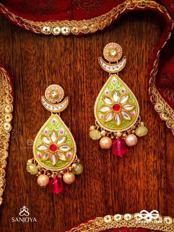 MADHUBHUSHANA - ADORNED WITH SWEETNESS - HANDCRAFTED KUNDAN ENAMEL EARRINGS WITH PEARL AND GEM DROPS