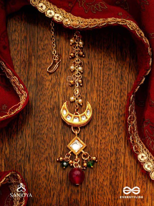 INDURAGA - MELODY OF THE MOON - ROYAL KUNDAN MAANGTIKA WITH CRESCENT MOTIFS AND RUBY DROPS