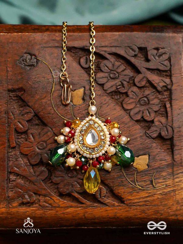 MRIDULYA - TENDER BEAUTY-  KUNDAN MAANGTIKA WITH DETAILED ROUND PENDANT, PEARLS AND BEADS