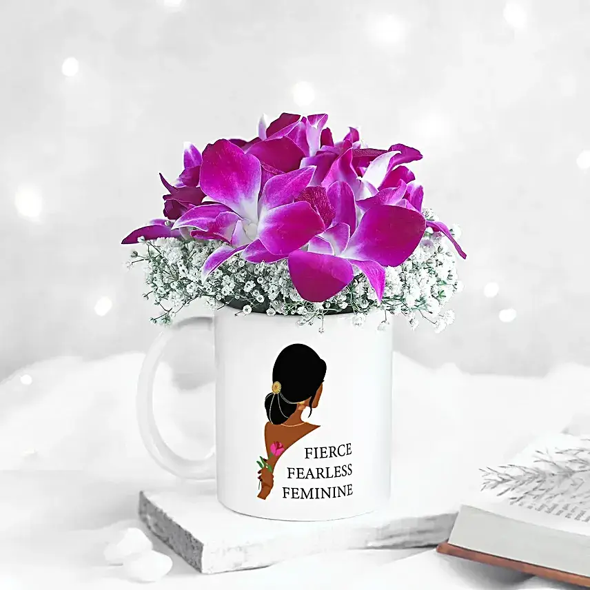 Joyful Orchids In Mug For Fearless Woman