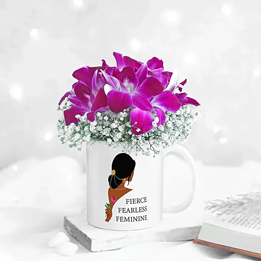 Joyful Orchids In Mug For Fearless Woman