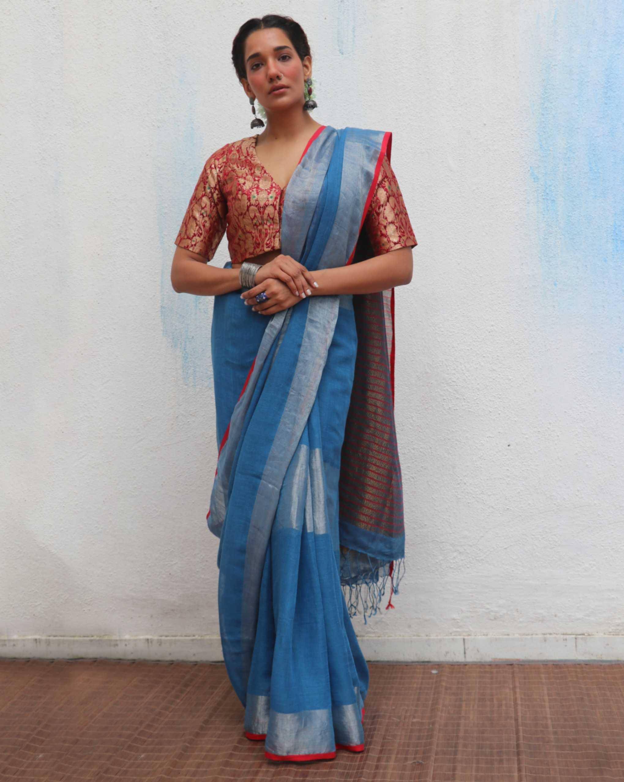 Varsha Blue Handwoven Linen Zari Saree - Jheel