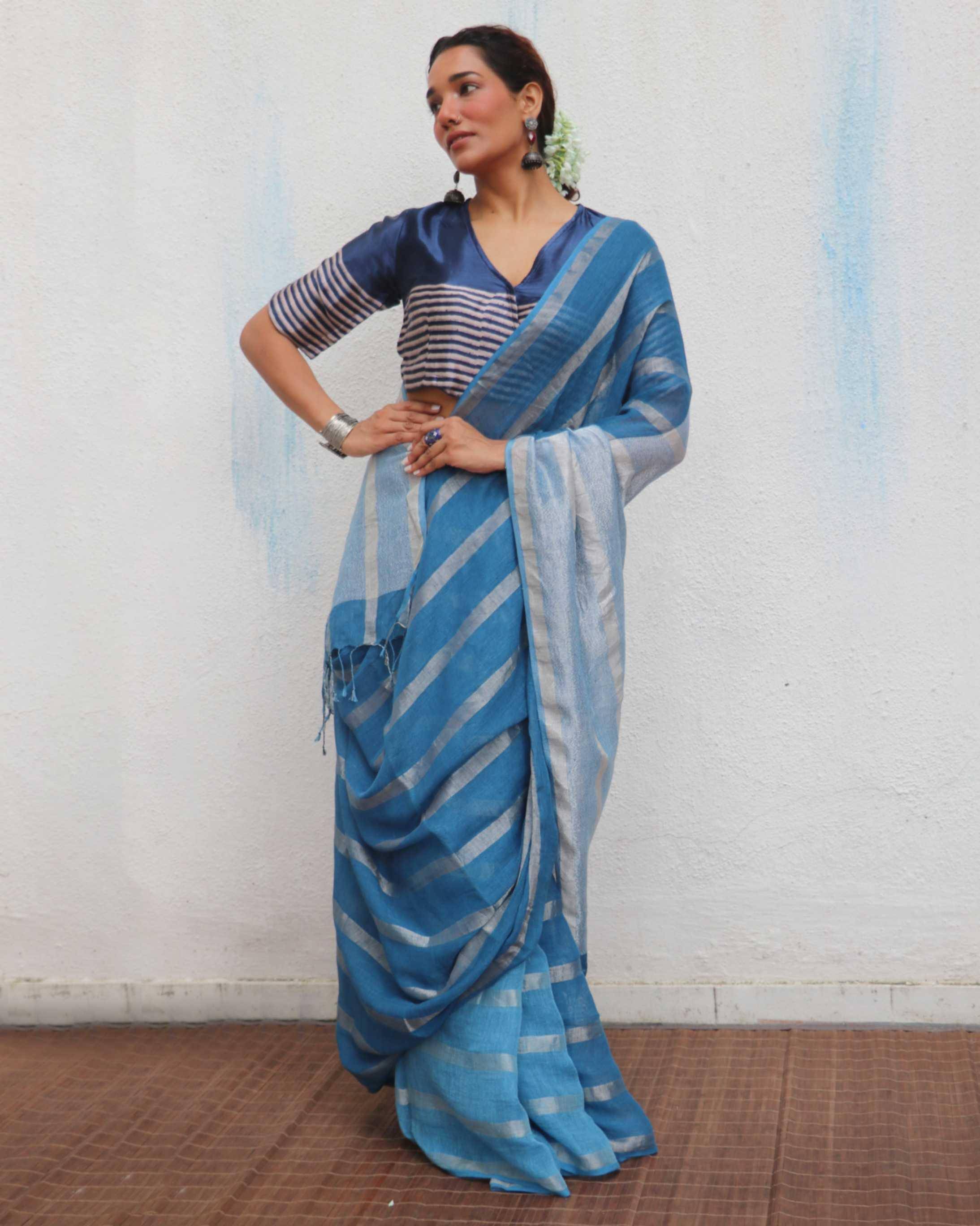 Megha Blue Handwoven Linen Zari Saree - Jheel