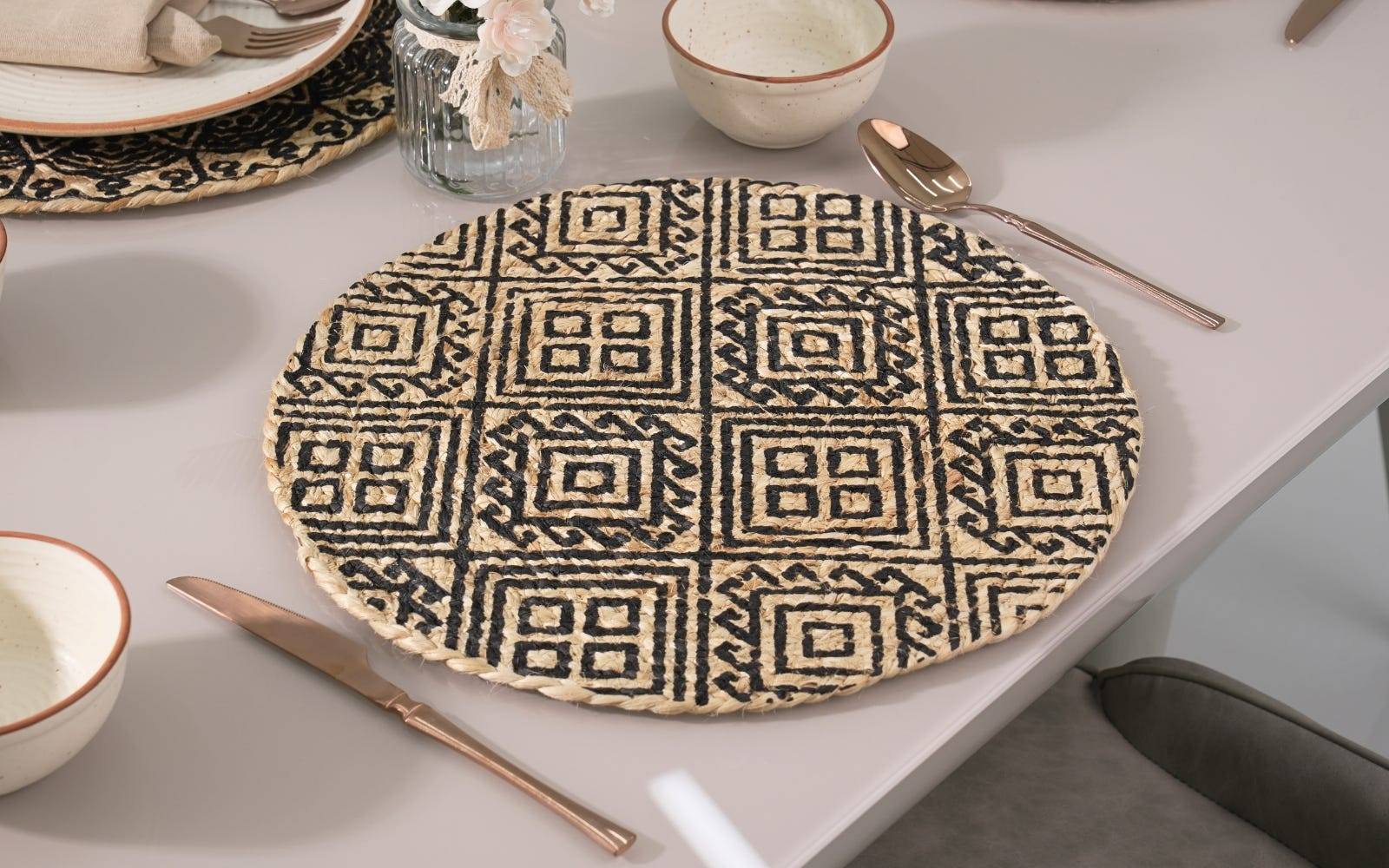 Royaloak Boho Jute Printed Placemat Pack of 4 Black Onyx