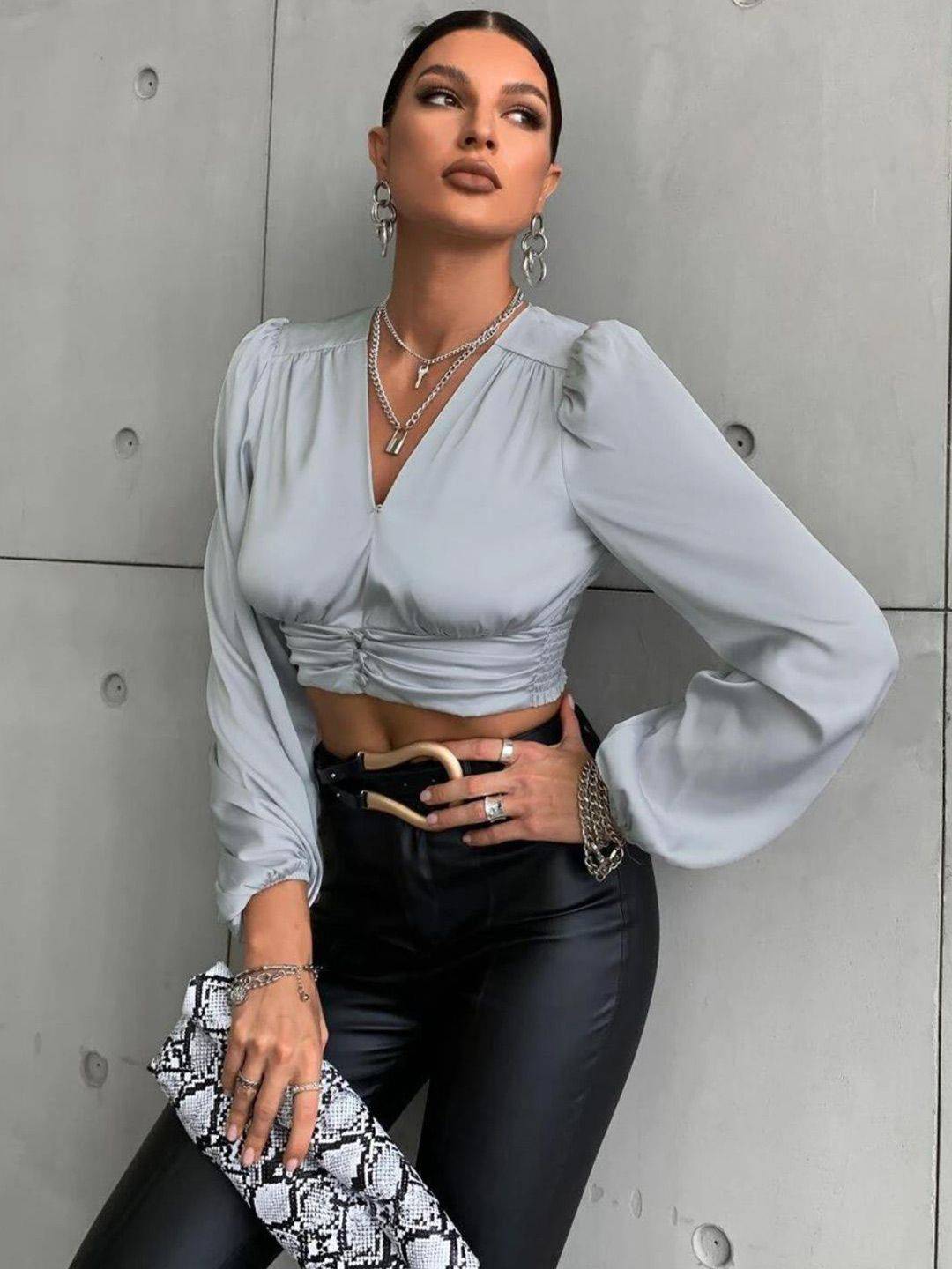 Kotty Tie-Up Neck Satin Wrap Crop Top