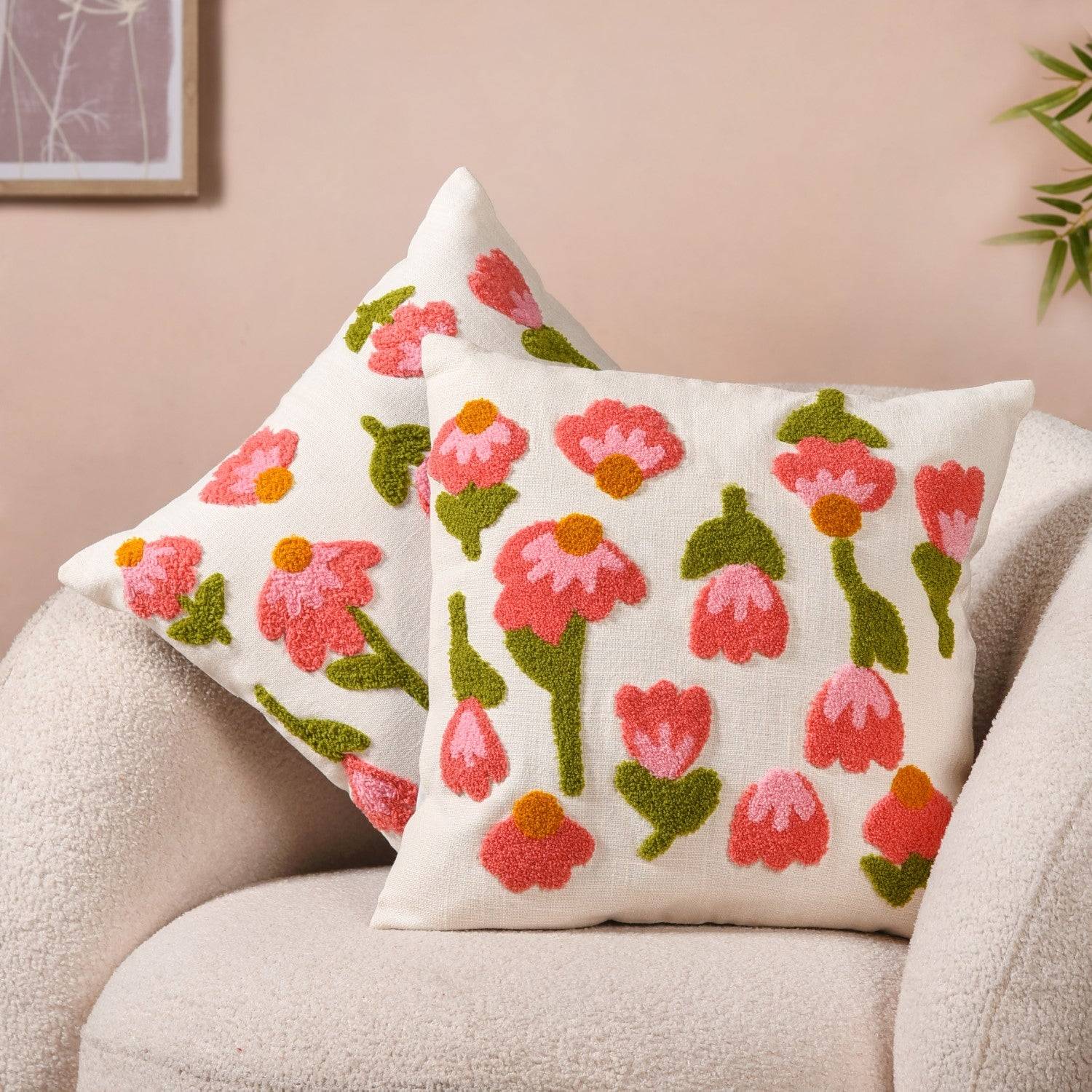 Tulip Embroidered Soft Cushion Cover Set Of 2 40x40cm