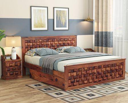 Moglis Solid Wood Queen  Size Bed With Drawer Storage Bed In Teak Finish