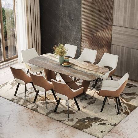 Paloma Engineered Wood 8 Seater Dining Table With Casey Dining Chairs in Beige and Tan Colour