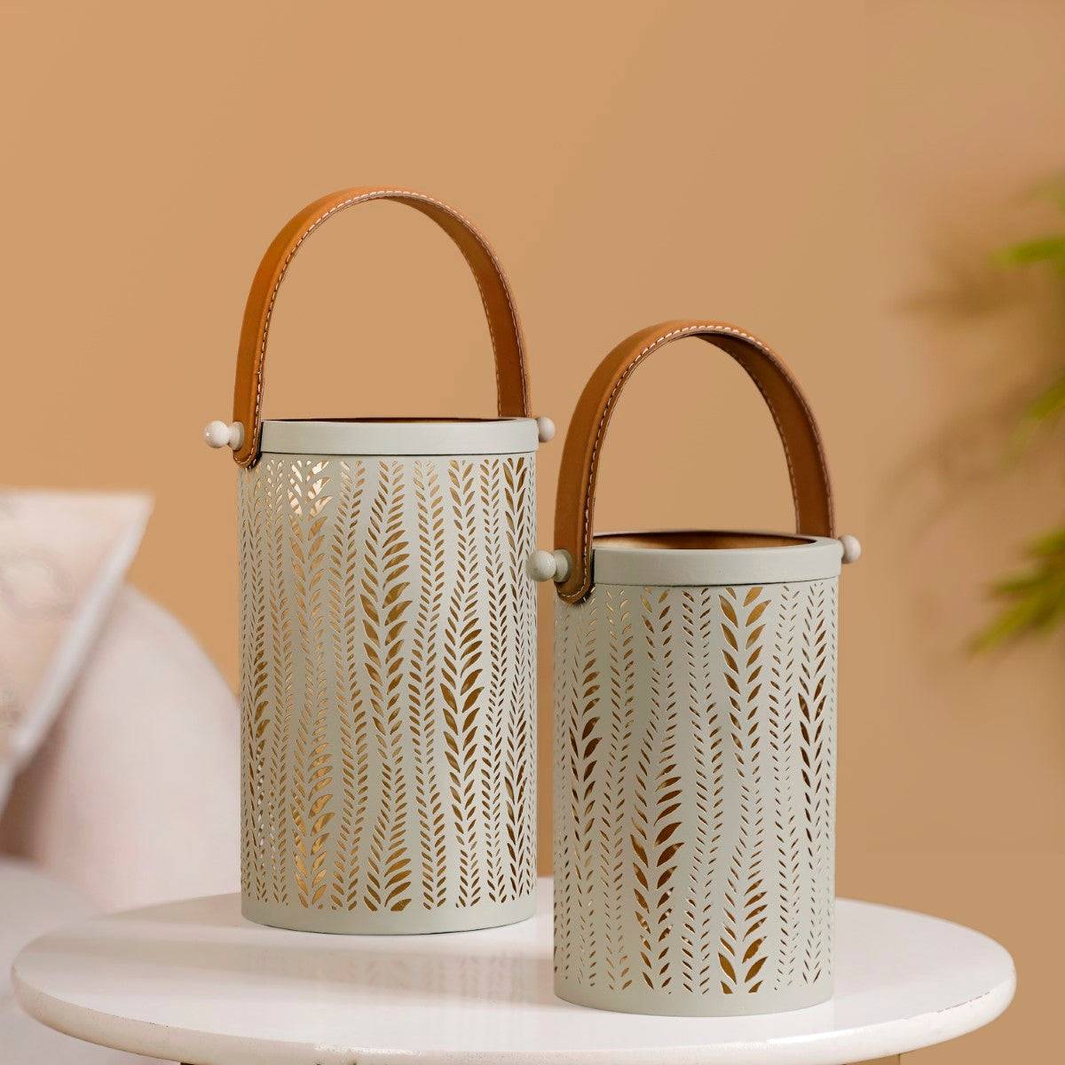 Set Of 2 Lanterns With Leaf Trail Cutwork Sage Green