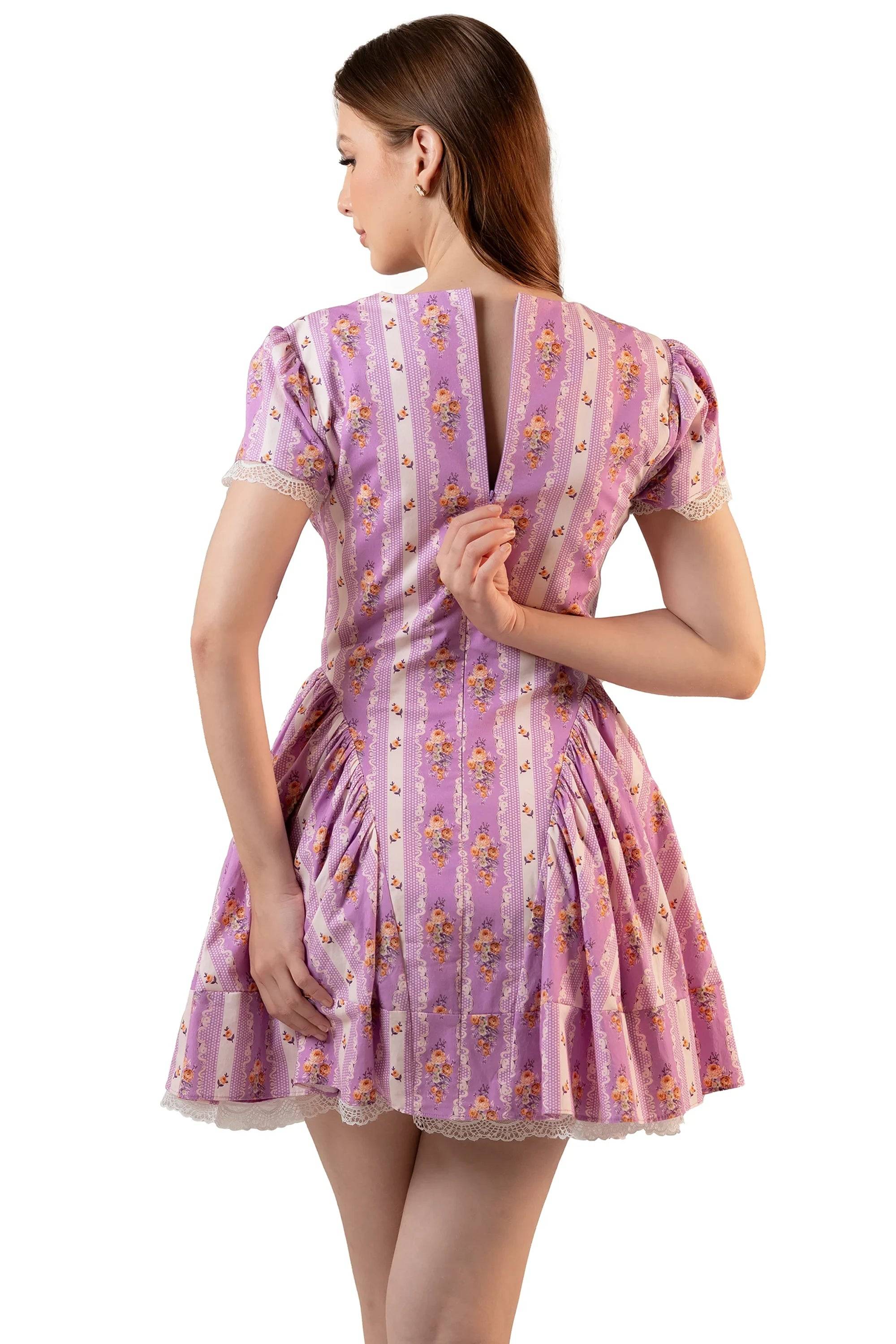 Lilac Floral Tie-Neck Cap Sleeve Mini Dress