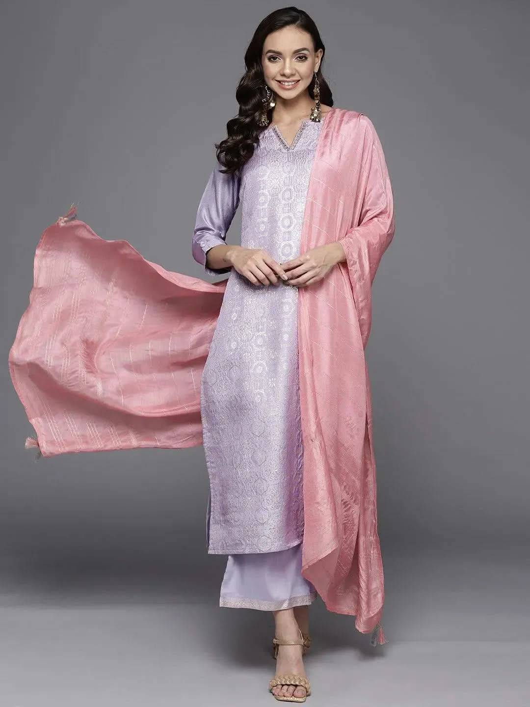 Lavender Woven Design Silk Blend Straig... Buy only at ₹3999